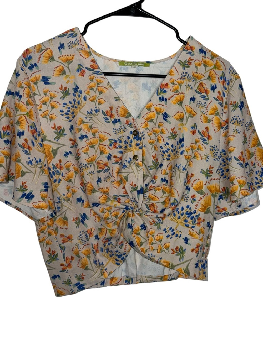 Gianni Bini Cream Floral Tie-Front Crop Blouse with Yellow & Blue Accents